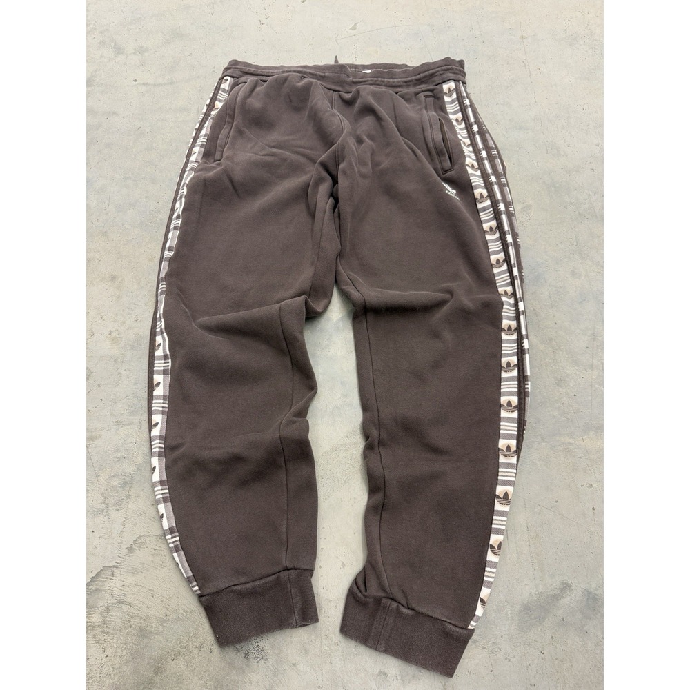 Adidas Men's XL Brown 3 Stripe Plaid Trefoil Jogger Fleece Sweatpants HZ9821